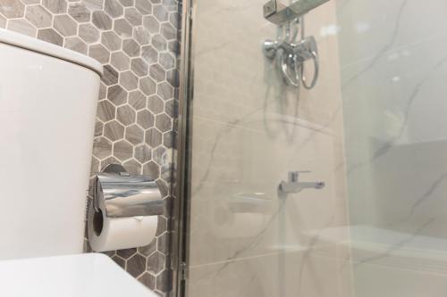 a bathroom with a shower with a toilet paper dispenser at Comfy Quite Private Room- Hulhumale in Hulhumale