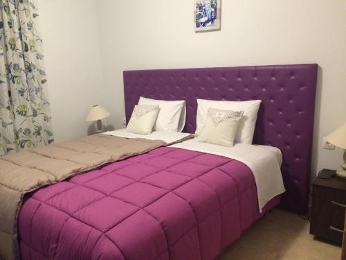 a purple bed with a purple headboard in a bedroom at Catherine Villas in Maronia