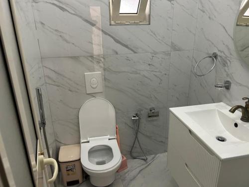 a bathroom with a white toilet and a sink at Bujtina Lecaj in Selcë