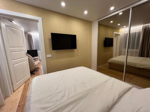 a bedroom with a mirror and a bed and a tv at Skaidiškės Guesthouse in Skaidiškės