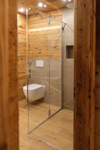 a glass shower in a bathroom with a toilet at Leos Chalet in Valdaora di Sopra