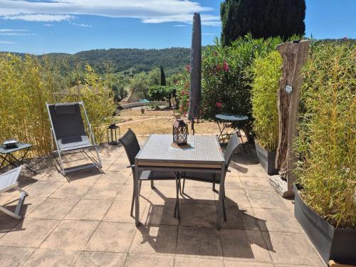 a table and chairs sitting on a patio at Gites Colline De Sollies in Salernes
