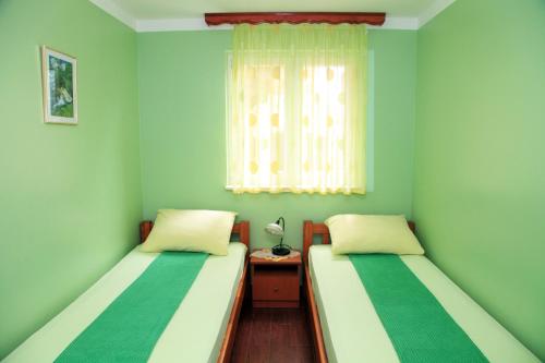 two beds in a room with green walls and a window at Apartments Hari Tisno in Tisno