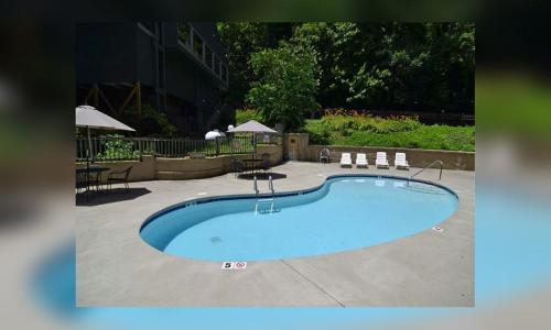a large blue pool with chairs and tables and umbrellas at Bear Creek 167 in Gatlinburg