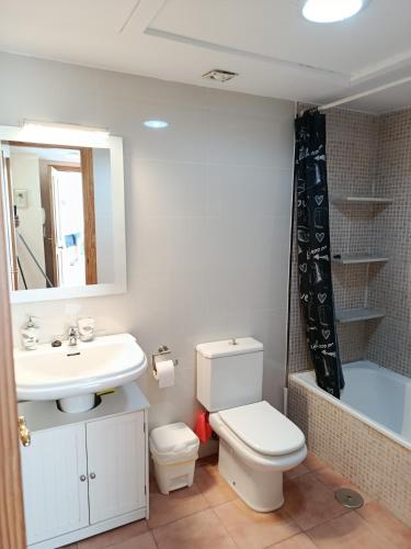 a bathroom with a sink and a toilet and a mirror at Plaza de la Vendimia in Manilva