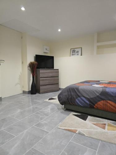 a bedroom with a bed and a dresser with a television at Comfortable studio in Noisy-le-Sec