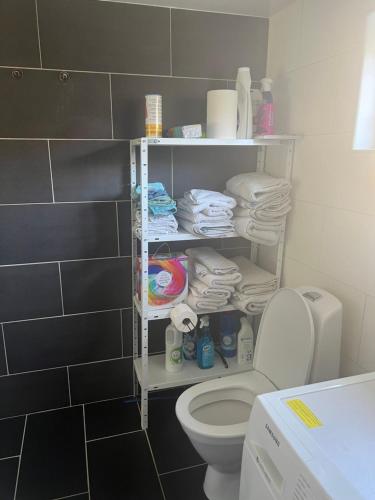 a bathroom with a toilet and a shelf with towels at Liten stuga i Älvsjö 25 kvm med 2 sovloft in Stockholm