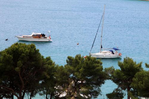 two boats floating in the water next to trees at Apartments Hari Tisno in Tisno