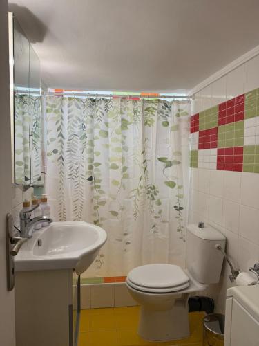 a bathroom with a toilet and a sink and a shower curtain at Endless summer,Agia Triada in Agia Triada