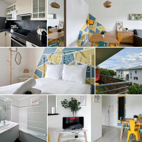 un collage de photos avec un lit et une cuisine dans l'établissement Le Bruxelles 21 - Appartement pour 4 personnes Disneyland Paris, à Montévrain