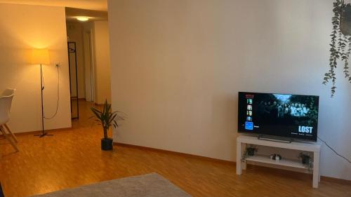 a living room with a flat screen tv on a table at Boho Bliss Apartments in Delémont