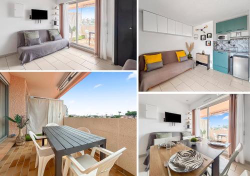 un collage de trois photos d'un salon et d'une cuisine dans l'établissement Studio cosy 4 pers à 200m de la plage !, au Barcarès
