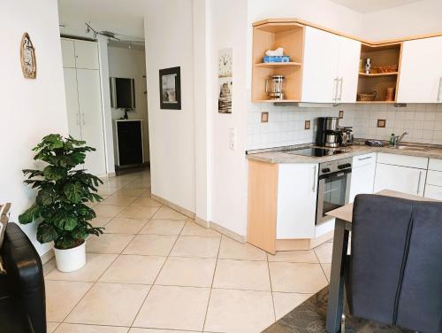 a kitchen with white cabinets and a potted plant at Residenz Strandkrone 02 in Kühlungsborn