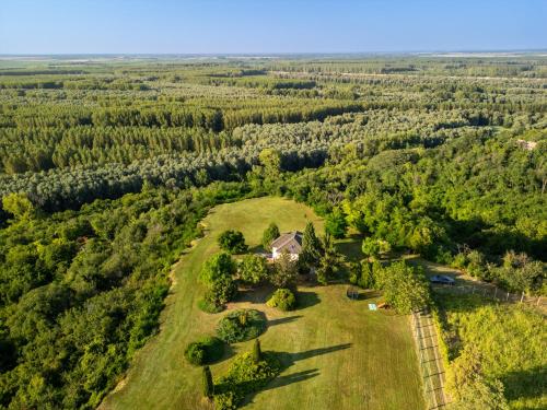 an aerial view of a house in a field with trees at Hilltop House. in Erdut