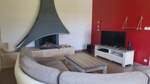 a living room with a couch and a fireplace at Maison spacieuse proche de Saint-Emilion in Ruch