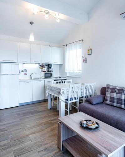a kitchen and a living room with a couch and a table at Apartments Nina in Maslenica