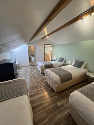 a room with three beds and a television in it at Les gîtes du pied mulet in La-Gripperie-Saint-Symphorien