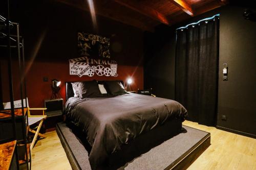 ein Schlafzimmer mit einem Bett in einem dunklen Zimmer in der Unterkunft Cinéma privé - Movie Night Loft in La Force