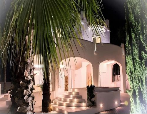 a palm tree in front of a building with stairs at Valentino Luxury Rooms in Porto Cesareo