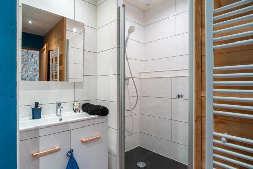 a bathroom with a shower and a sink at Ty Penn Ar Bed - Proche de la Plage in Plomodiern