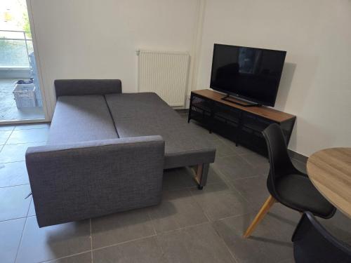 un salon avec un canapé et une télévision dans l'établissement T2 avec parking aux portes de montpellier, à Castelnau-le-Lez