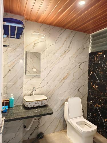 a bathroom with a toilet and a sink at Dolphin Bay Resort in Alibaug