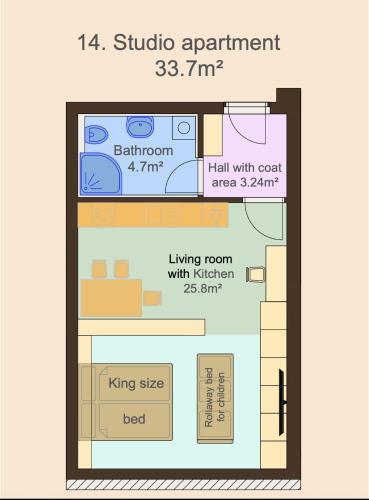 a floor plan of a building with a living room with kitchen at Riverside Apartment Praha in Prague