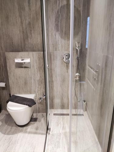 a bathroom with a shower with a toilet and a glass door at Aggeliki Apartment in Skiathos