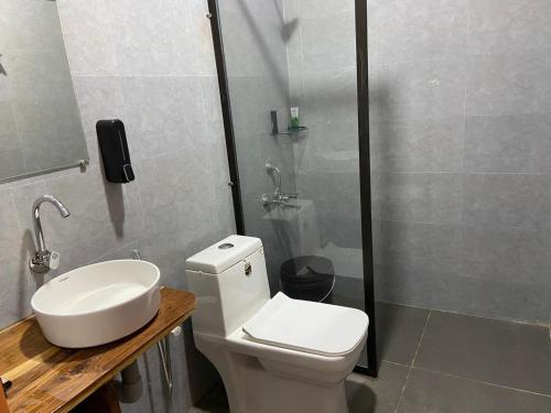 a bathroom with a toilet and a sink and a shower at Wildscape kaziranga in Kāziranga
