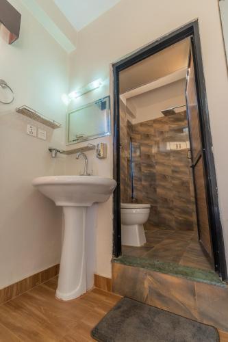 a bathroom with a sink and a shower with a toilet at POKHARA APARTMENTS INN in Pokhara