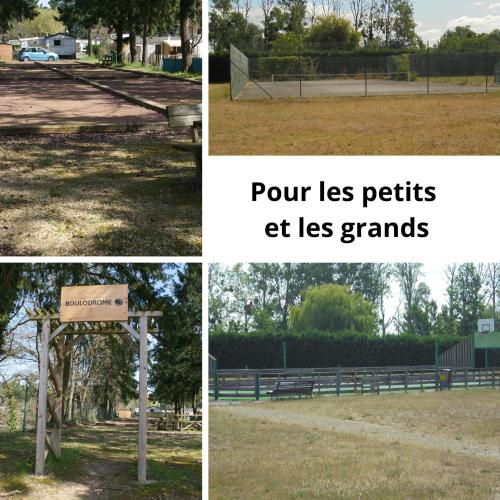 quatre photos d'un parc avec un panneau et un aménagement de parc dans l'établissement Mobil-home équipé pour un séjour au vert avec piscine, à Trogues