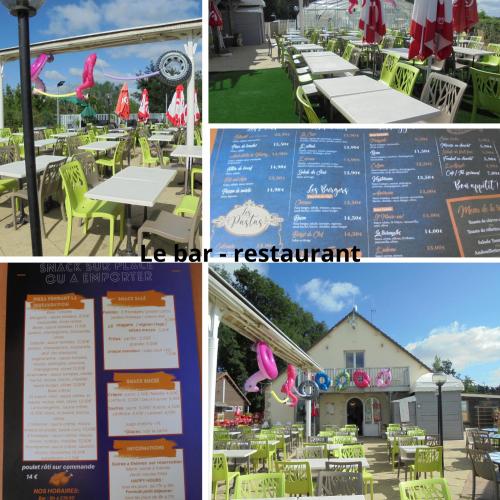 un collage di foto del ristorante del bar di ghiaccio di Mobil-home équipé pour un séjour au vert avec piscine a Trogues