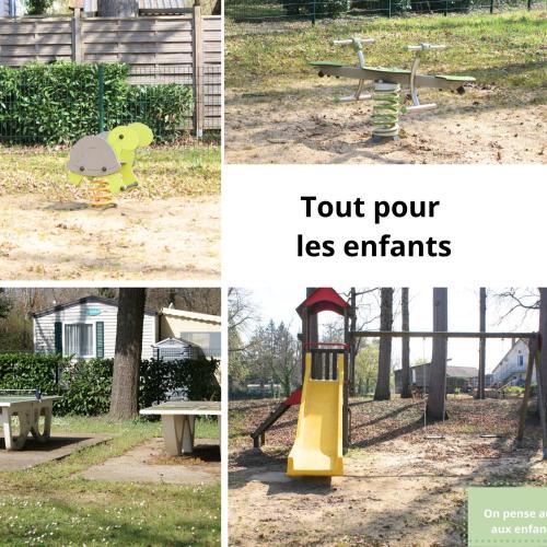 un collage de quatre photos d'une aire de jeux dans l'établissement Mobil-home équipé pour un séjour au vert avec piscine, à Trogues