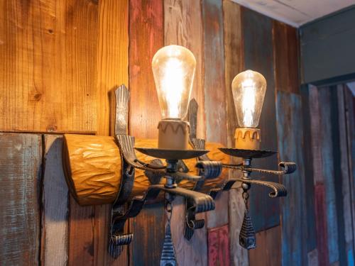 a pair of lights hanging on a wooden wall at Tabist Elias Garden in Ichinomiya