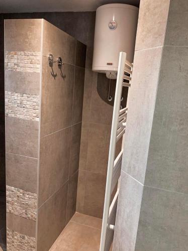 a bathroom with a shower with a ladder in it at Apartmani Ana S in Vrnjačka Banja