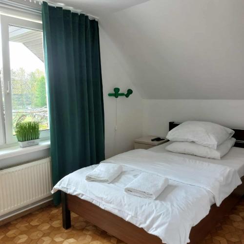 a bedroom with a bed with a green curtain and a window at PENSJONAT KAPRYS in Jesionka
