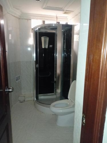 a bathroom with a toilet in a shower stall at New Tourist Hotel in Mwanza