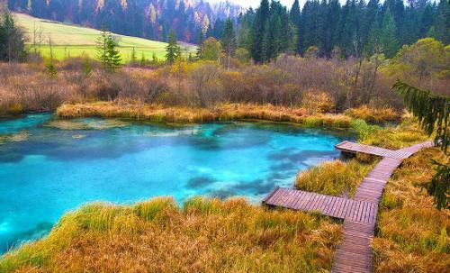 a wooden bridge over a pool of blue water at Apartments Podkoren 82 in Kranjska Gora