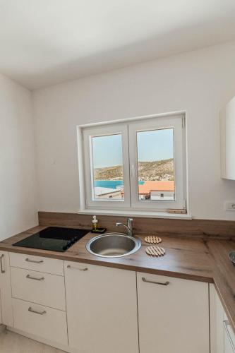 a kitchen with a sink and two windows at Elia apartments in Ražanj