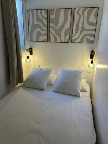 a bed with two pillows and two lights on it at appart' grande plage in Les Sables-d'Olonne