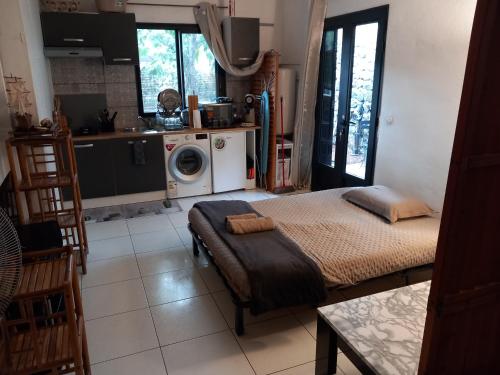 a kitchen with a bed and a washing machine at Aloes Lagoon Lodge in Saint-Paul