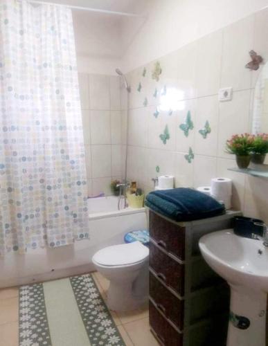 a bathroom with a toilet and a sink and a tub at Apartament Sarah in Oţelu Roşu