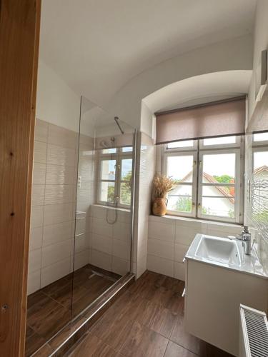 a bathroom with a shower and a sink at Templomdomb apartman in Kővágóörs