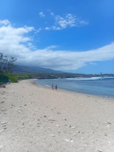two people walking on a sandy beach near the water at Aloes Lagoon Lodge in Saint-Paul