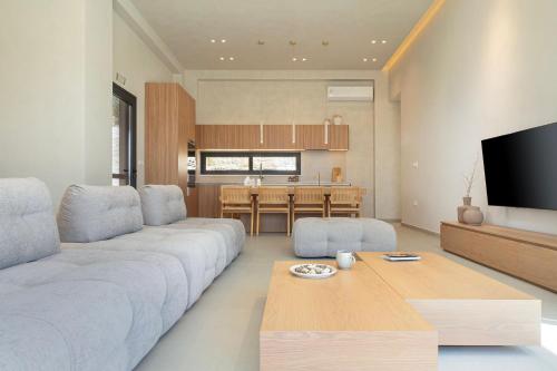 a living room with a couch and a table at Elithos Villa in Vryses