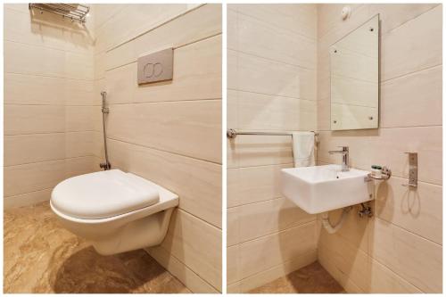 two pictures of a bathroom with a toilet and a sink at Super Capital O Seven Wonders Inn Near Sahara Ganj Mall in Lucknow