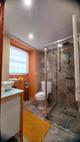 a bathroom with a toilet and a glass shower at Quintinha dos Amores in Vila Verde