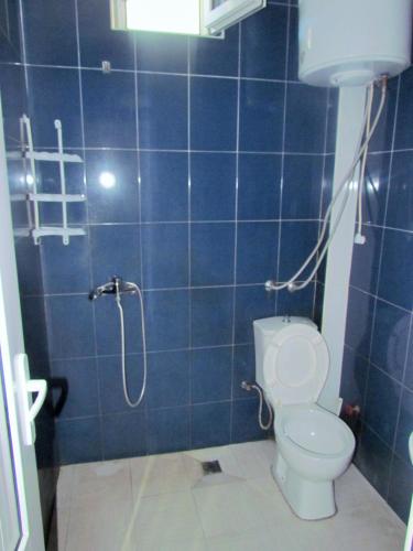 a blue tiled bathroom with a toilet and a shower at Old House Hotel in Ureki