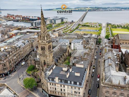 an aerial view of a city with a clock tower at CENTRAL SERVICED APARTMENTS - Heart of City Centre - 2 x Double Bedrooms - Working Desk Spaces - Smart TVs in All Rooms - Close to Transport Routes - Fully Equipped in Dundee