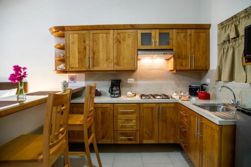 a kitchen with wooden cabinets and a sink at Bugambilias Suites in Loreto
